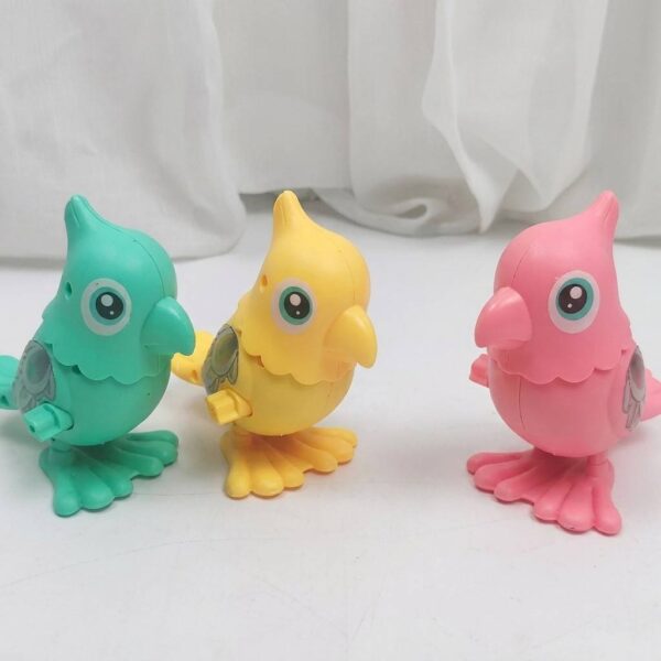 Wind-Up Simulation Parrot Toy with colorful feathers on a white background.