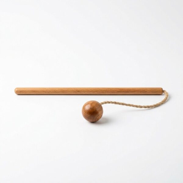 Front view of wooden ball stick cat toy on white background