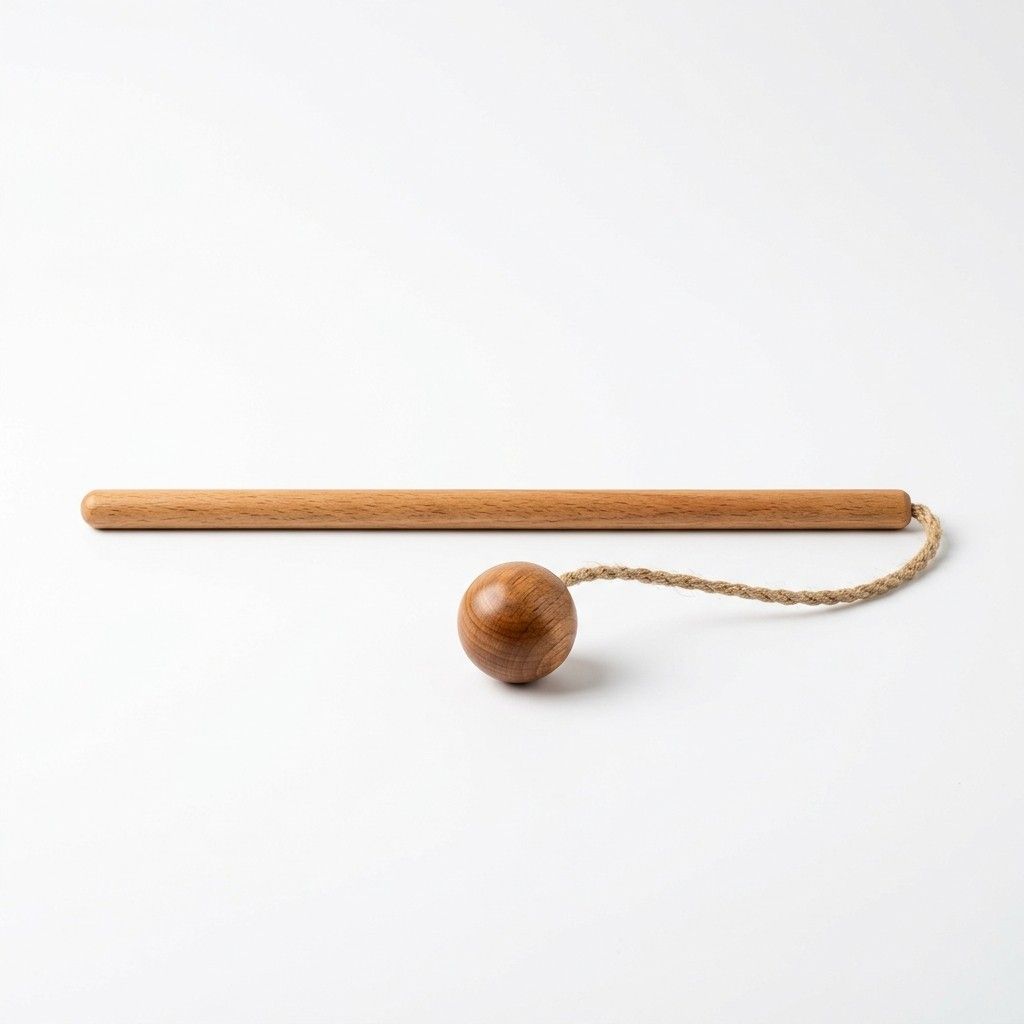 Front view of wooden ball stick cat toy on white background