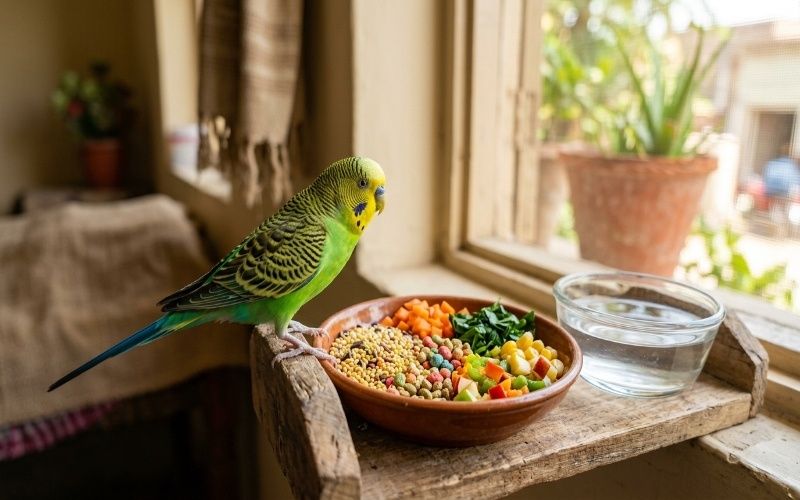 Healthy budgie eating balanced food including seeds, pellets, vegetables, and fruits in Pakistan