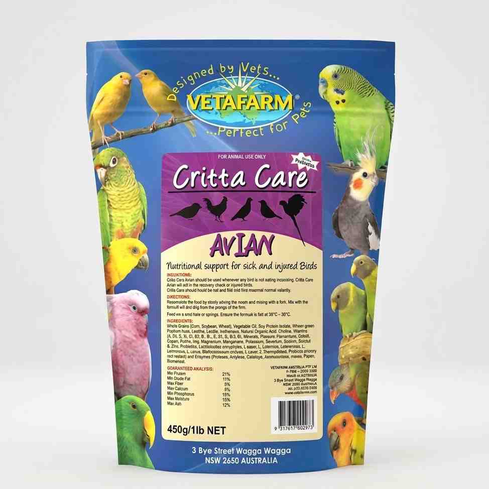 Crittacare Avian Formulated for Sick Stressed and Injured Birds front packaging