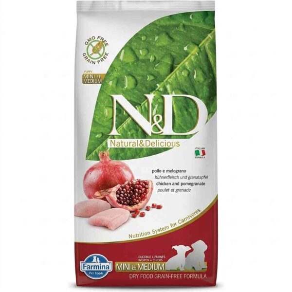 Farmina N&D Grain Free Puppy Canine Chicken and Pomegranate dog food front packaging