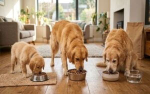Healthy adult Golden Retriever eating premium dog food from a bowl in a bright modern kitchen