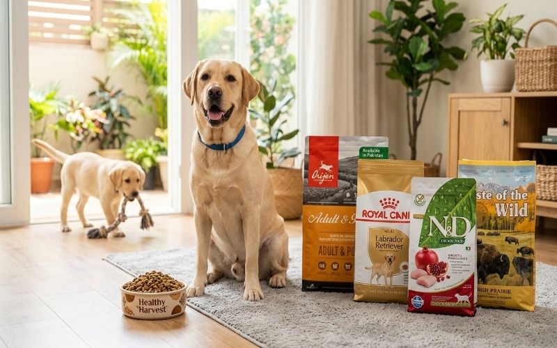 Healthy Labrador Retriever with premium Labrador dog food for puppies and adultsHealthy Labrador Retriever with premium Labrador dog food for puppies and adults