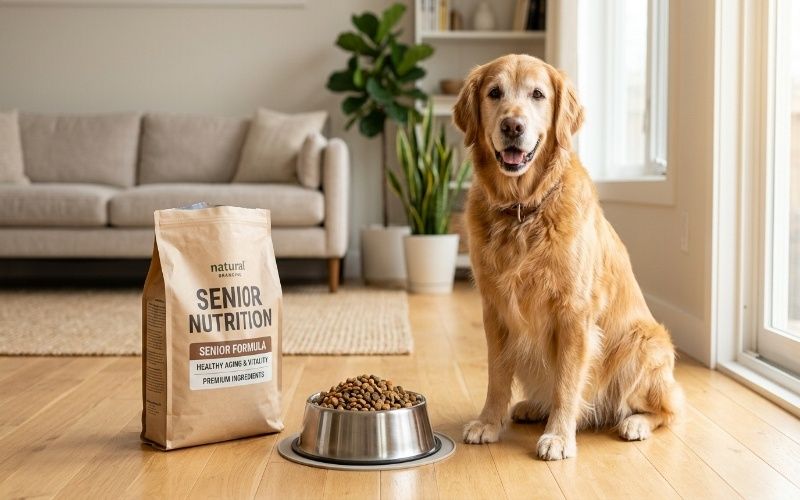Senior dog eating premium senior dog food from a bowl at home