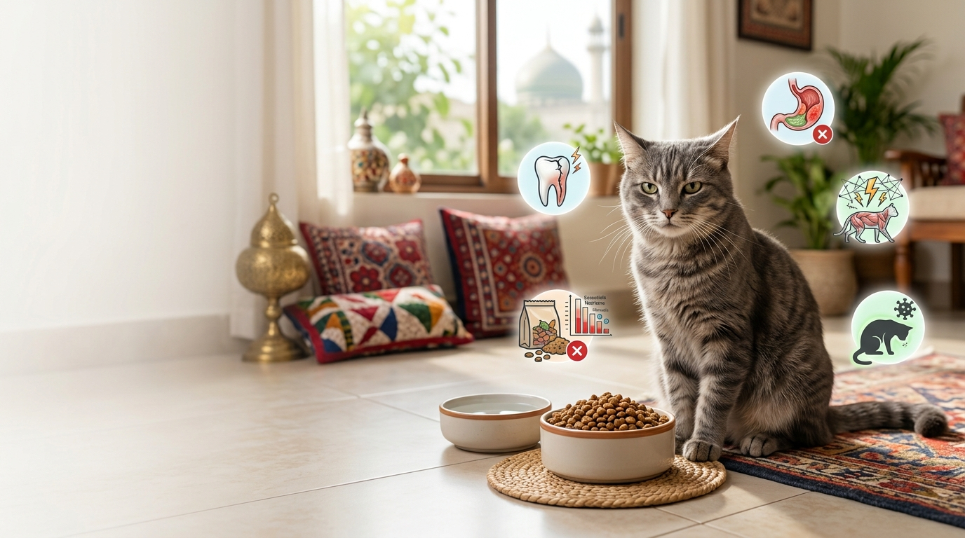 Why Is My Cat Not Eating in Pakistan? A worried gray cat sitting in front of a full food bowl with icons showing dental pain, stomach problems, stress, illness, and food issues.