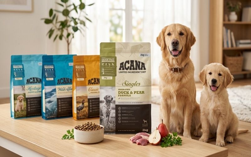 Acana Dog Food bags with a healthy adult dog and puppy