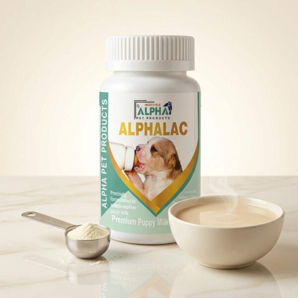AlphaLac Milk Replacer For Puppies with prepared puppy milk and measuring scoop.
