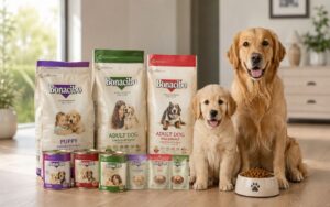 Bonacibo dog food bags and wet food with a healthy puppy and adult dog