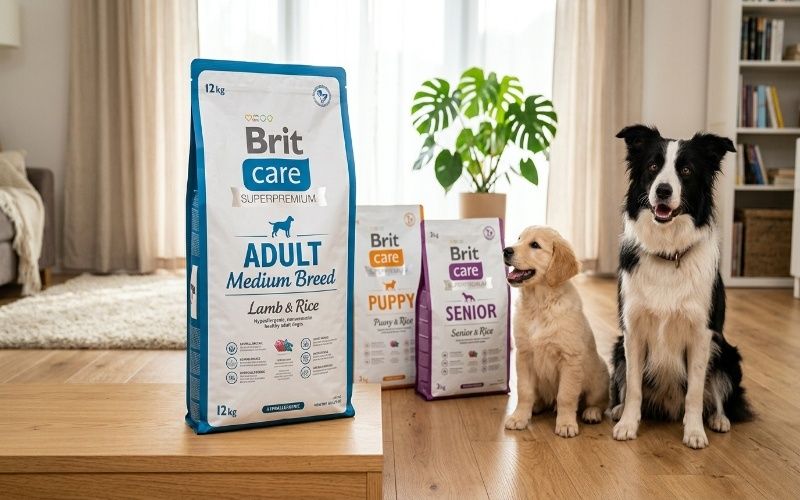 Brit Care Dog Food bags with a healthy adult dog and puppy