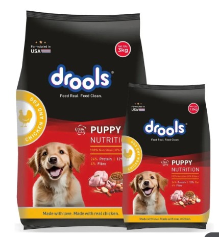 Drools Chicken and Egg Puppy Dog Food 3kg with free 1.2kg pack and kibble bowl.