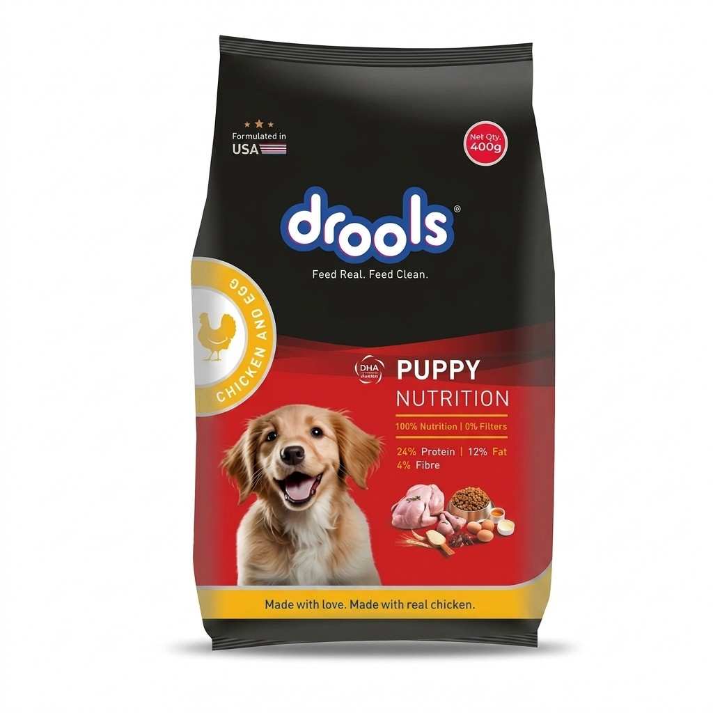 Drools Chicken and Egg Puppy Dog Food 400g pack front view on white background