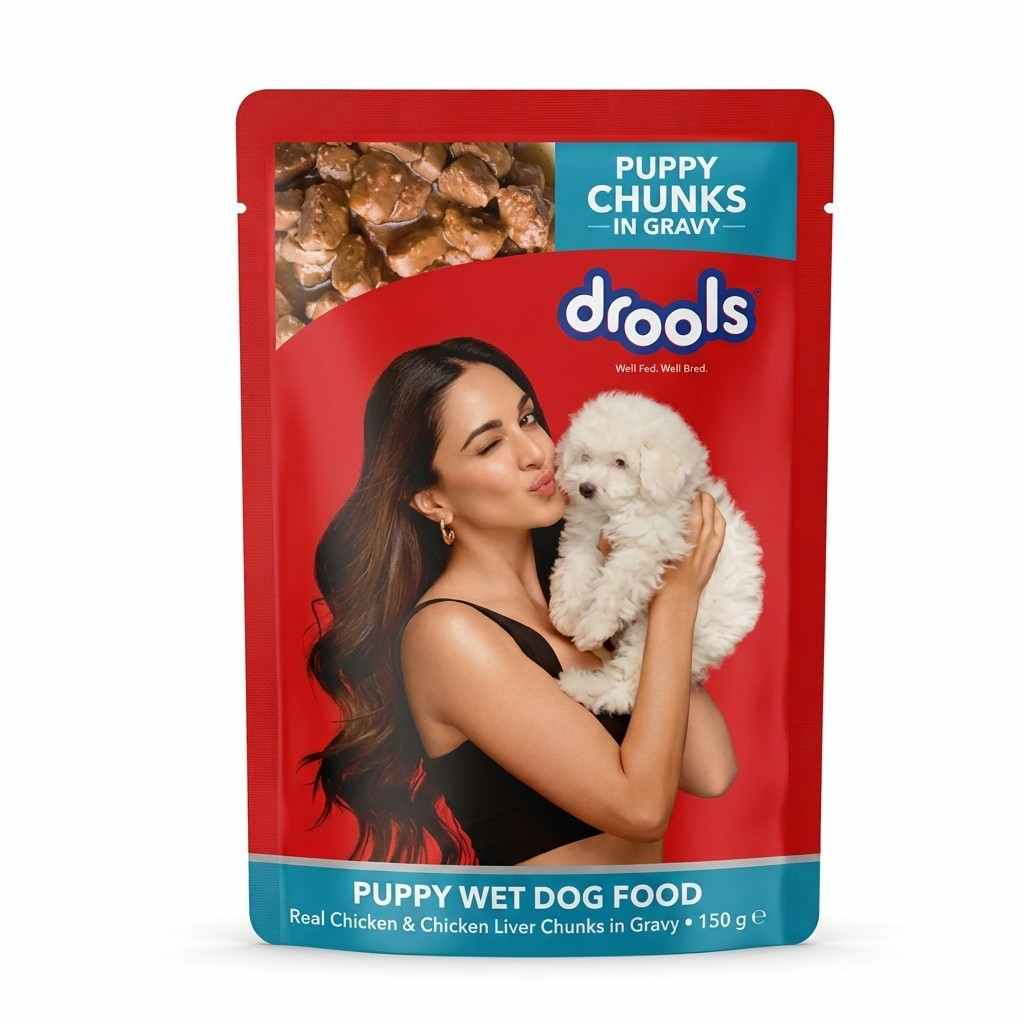 Drools Puppy Wet Dog Food Real Chicken and Chicken Liver in Gravy 150g pouch front packaging