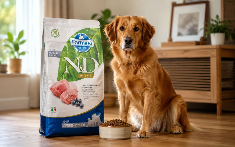 Farmina Dog Food bag with a healthy dog and food bowl