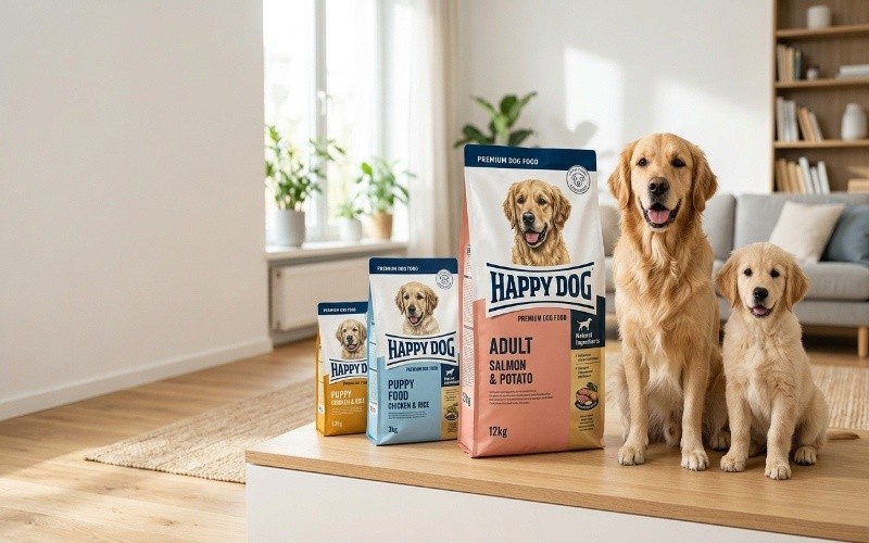 Happy Dog Food bags with a healthy puppy and adult dog