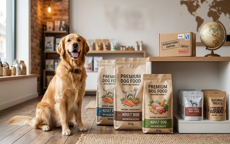 Imported dog food for dogs with premium food bags and a Golden Retriever