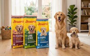 Josera dog food products shown with a healthy adult dog and puppy, representing different food options for dogs based on age, size, and nutritional needs.