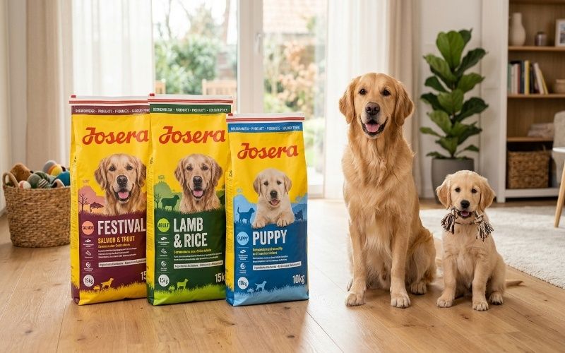 Josera dog food products shown with a healthy adult dog and puppy, representing different food options for dogs based on age, size, and nutritional needs.