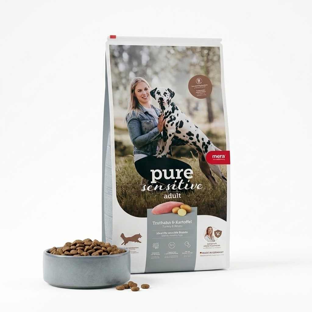 **Mera Pure Sensitive Fresh Meat Dog Food – Turkey & Potato (12.5 kg)** is a premium dry dog food made with fresh turkey and potato, offering a simple and appealing recipe for dogs with sensitive dietary needs. Its carefully selected ingredients make it a practical choice for pet owners looking for a gentle and consistent everyday feeding option. The generous **12.5 kg pack** is ideal for regular feeding and provides a convenient long-term supply for adult dogs.