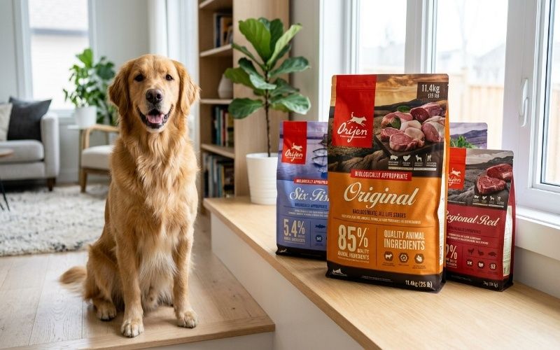 Orijen dog food bags with a healthy adult dog