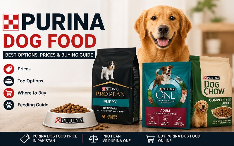 Purina dog food options including Pro Plan and Purina ONE with a dog and food bowl