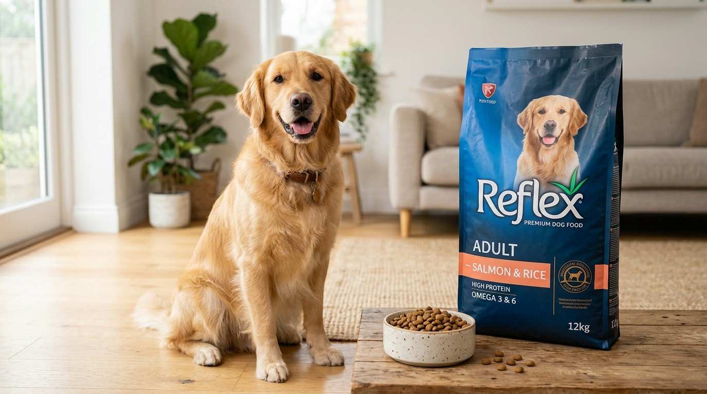 Reflex dog food bag with a healthy dog and bowl of kibble