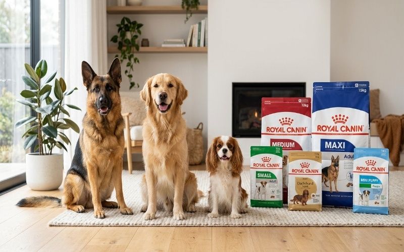 Royal Canin dog food for puppies, adult dogs, and different breeds
