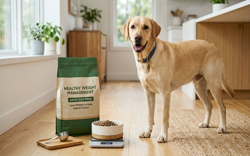 Weight management dog food with a healthy adult dog