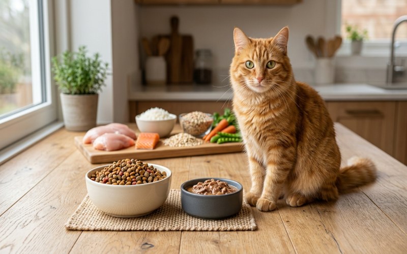 Healthy cat with Diamond cat food and wet and dry food options