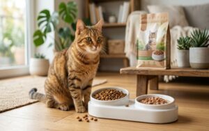 Healthy cat beside dry and wet cat food for a Drools cat food guide