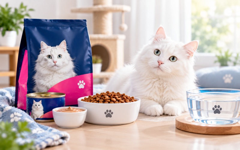 Drools Cat Food with a healthy cat and bowl of dry cat food