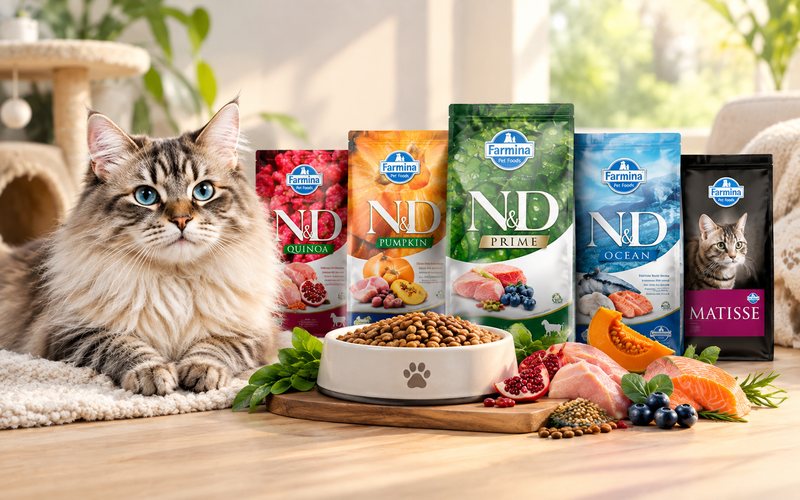 Farmina cat food varieties with a healthy cat and different N&D formulas