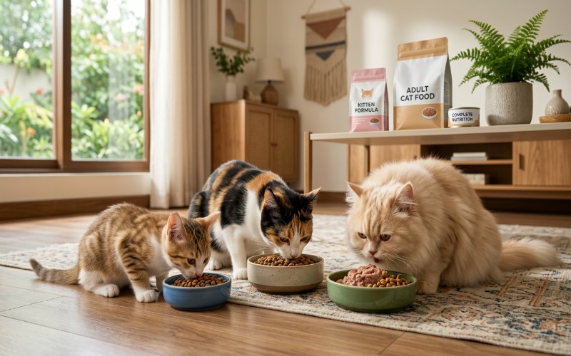 Kitten, adult cat and Persian cat with dry and wet cat food