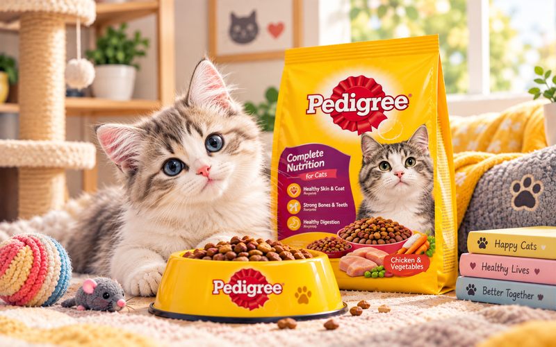 Pedigree Cat Food with a healthy cat and bowl of dry cat food