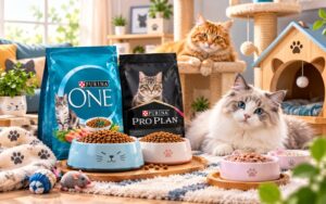 Healthy cat with dry and wet Purina cat food options