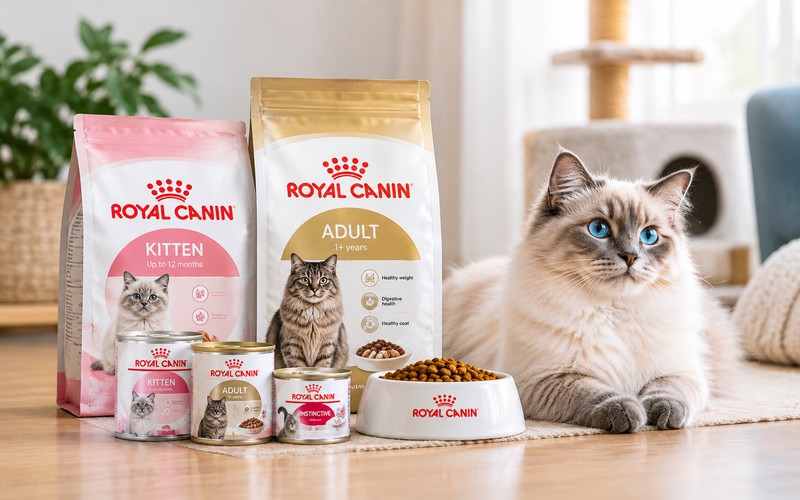 Healthy cat beside dry and wet cat food for a Royal Canin cat food guide
