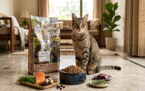 Taste of the Wild cat food with a healthy cat and bowl of dry cat food