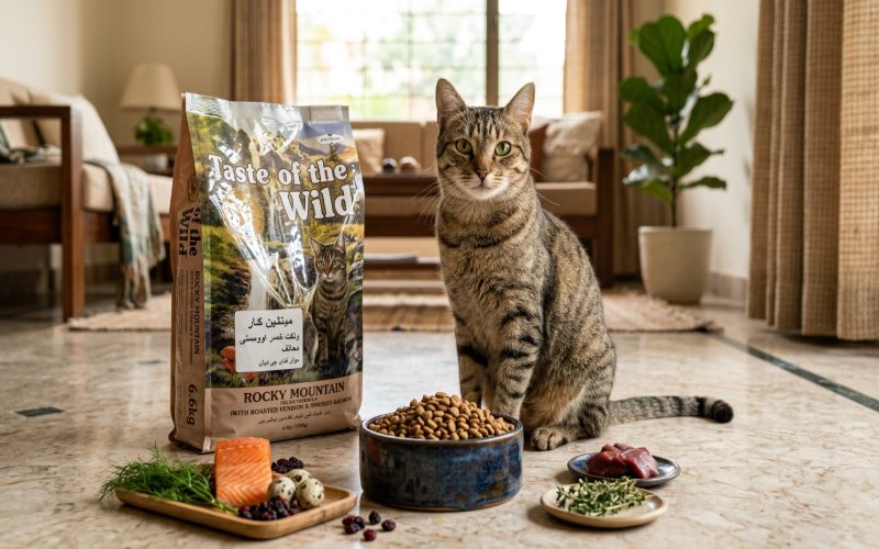 Taste of the Wild cat food with a healthy cat and bowl of dry cat food