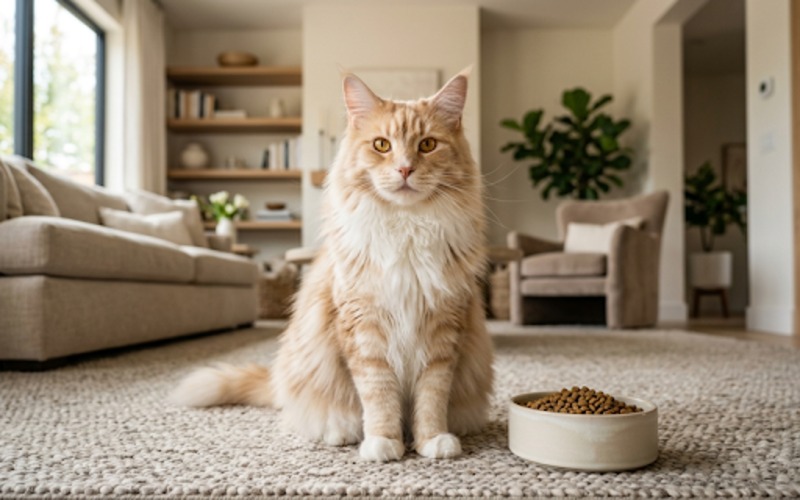 Cat sitting beside a bowl of dry cat food for a nutrition and feeding guide
