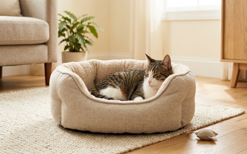 A relaxed cat resting in a soft, round beige cat bed