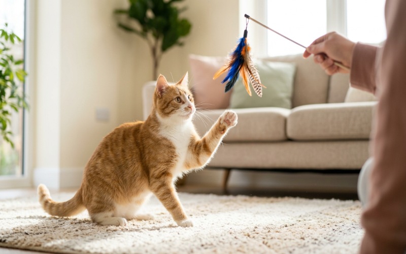 Cat chasing a feather teaser wand during indoor play