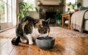 White and grey cat drinking fresh water from a ceramic bowl
