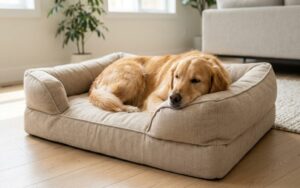 Golden retriever resting on a soft, cushioned dog bed in a bright home