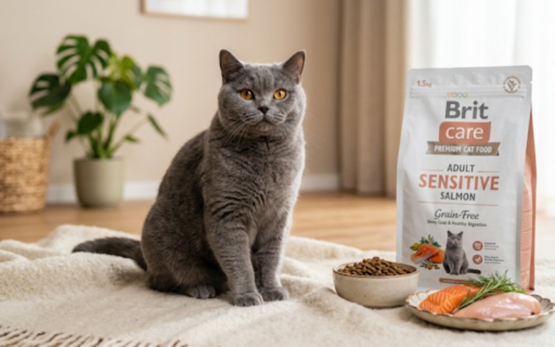 Grey and white cat sitting beside Brit Care cat food packages and a bowl of kibble.