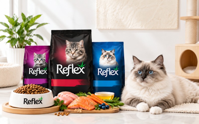 Reflex Cat Food bag beside a bowl of dry cat food and a healthy domestic cat