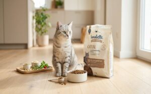 Sanabelle cat food with ingredients, nutrition and feeding bowl